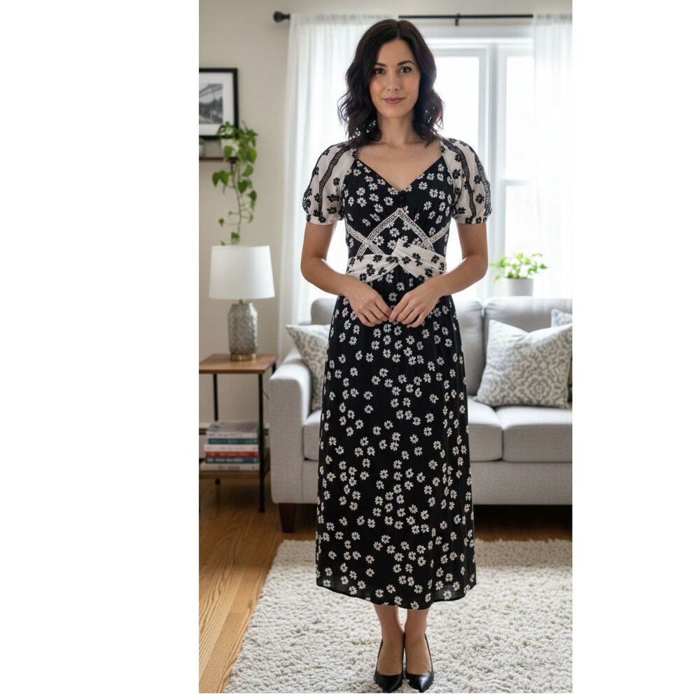 Self Portrait Daisy Print Puff Sleeve Women's Midi Dress, Black/White Size US 2 - Picture 2 of 12